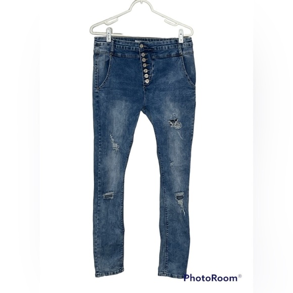 Laulia Denim Makers Distressed Button Down Jeans Sz XL - Picture 1 of 7